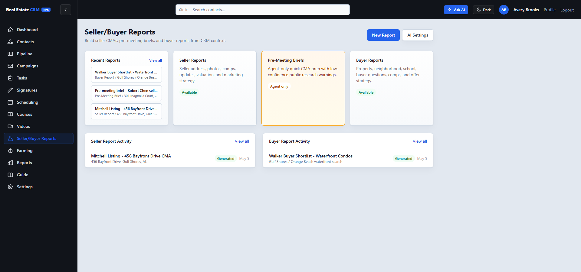 Seller and buyer reports dashboard with recent reports, seller reports, pre-meeting briefs, buyer reports, and AI settings controls.