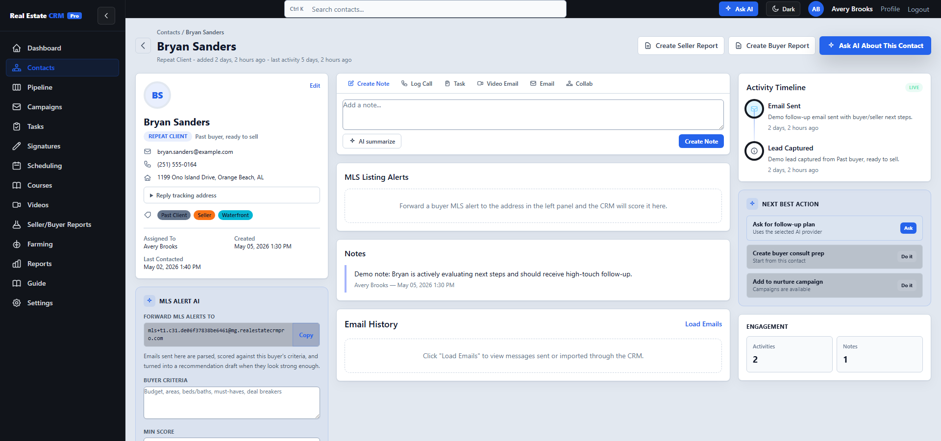 Contact detail page with client profile, notes, MLS alert AI, email history, activity timeline, next best action, and engagement cards.