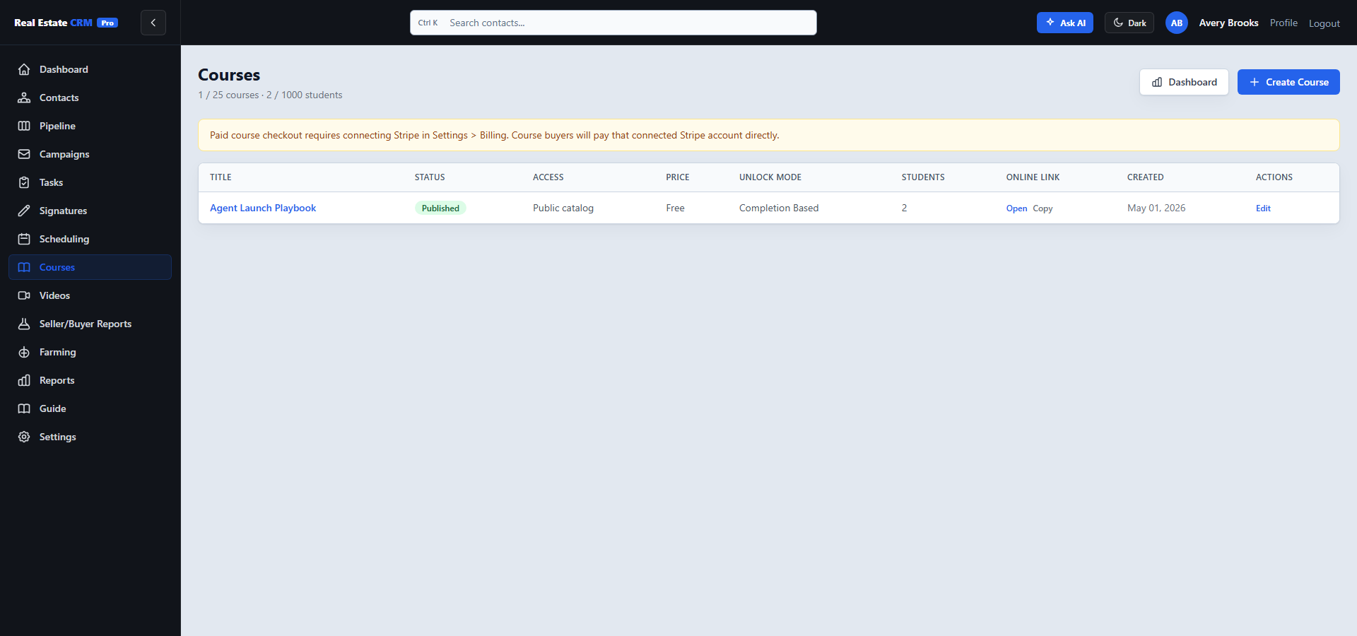 Course library with First-time buyer playbook, seller prep, and agent onboarding modules.