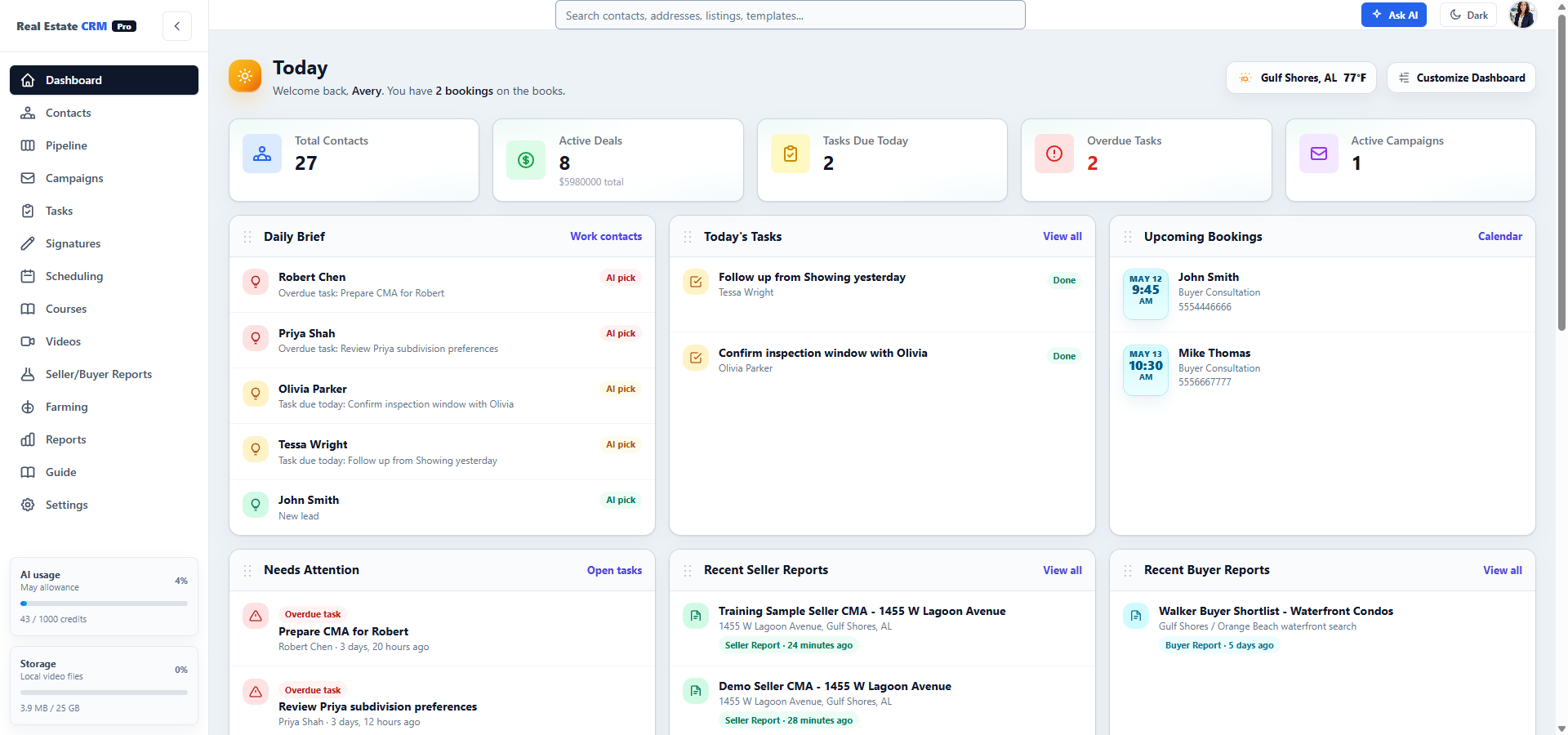 Dashboard with daily summary, today's tasks, recent leads, pipeline snapshot, and recent activity feed.