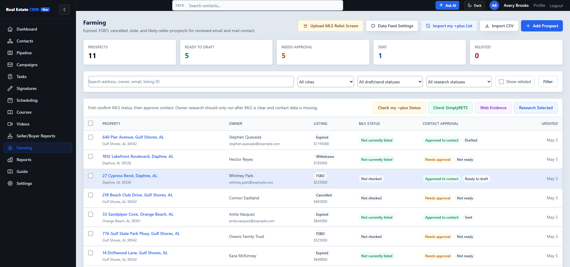 Farming prospect list with expired/FSBO/withdrawn statuses, relist check, and approve-outreach controls.