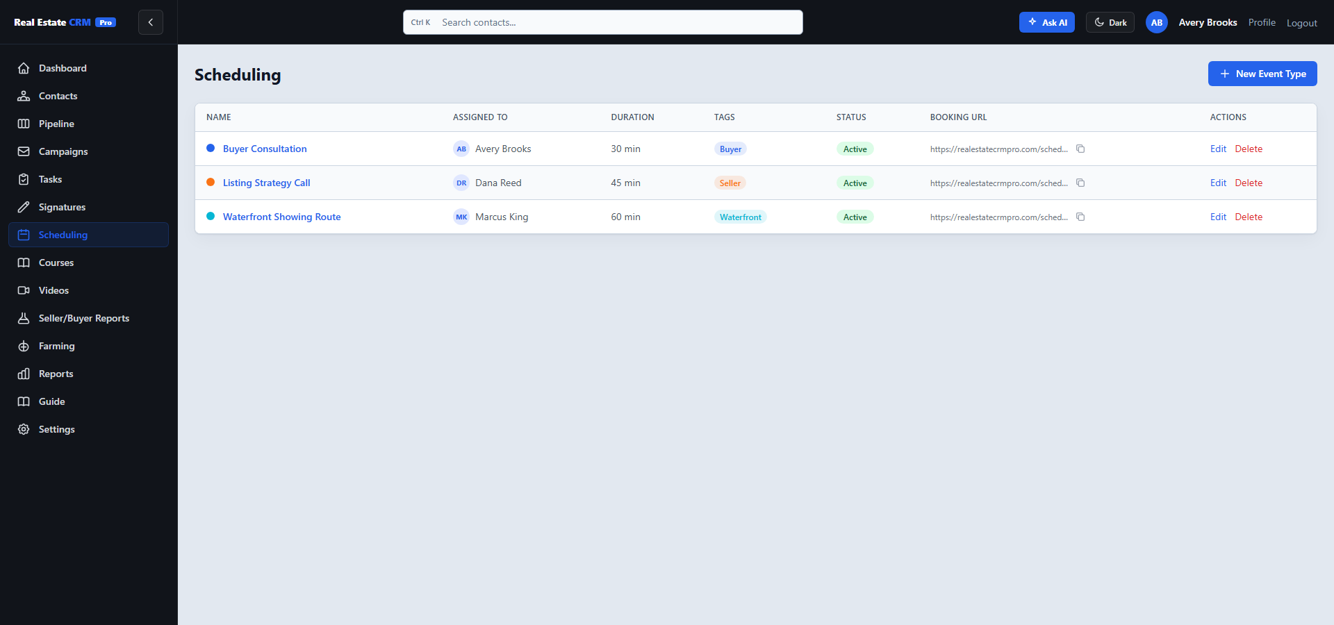 Scheduling event types with copy-public-link, hours, buffers, and Google Meet integration.