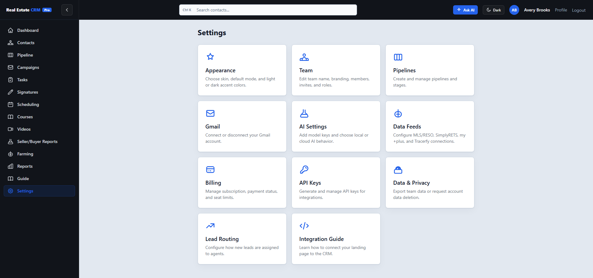Settings hub with team, pipelines, Gmail, billing, lead routing, API keys, and integration cards.