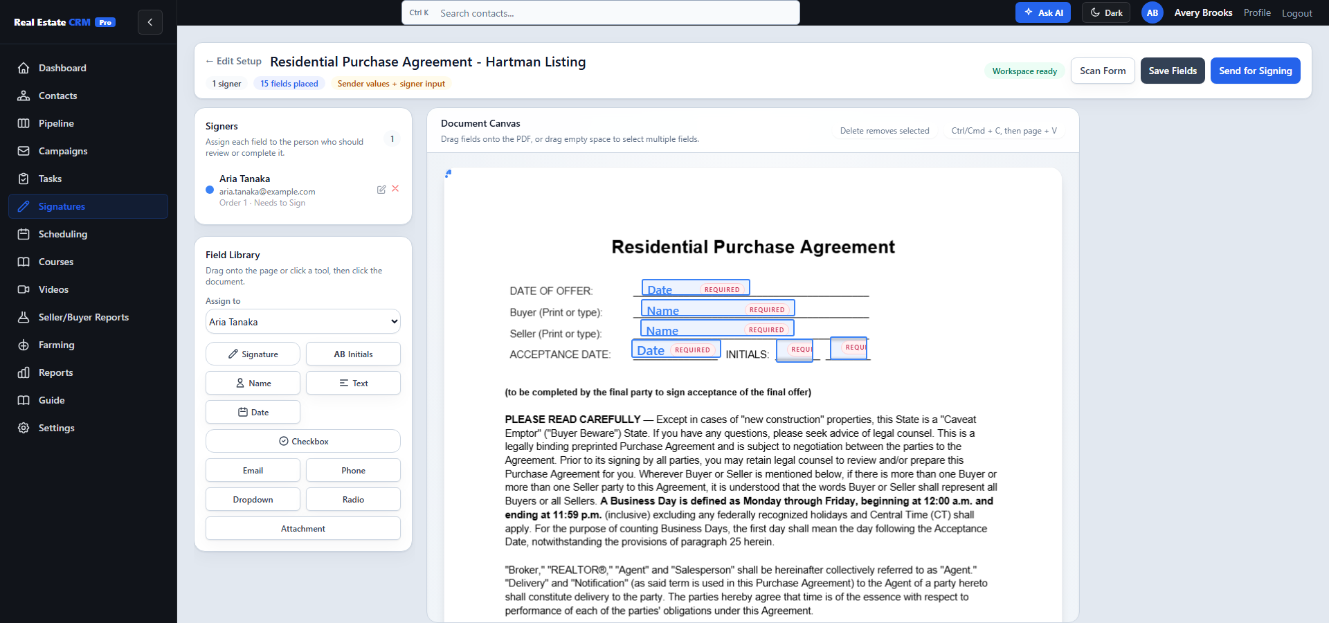 Signature prepare editor: Residential Purchase Agreement on the canvas, signers + field library on the left, field properties panel on the right with required/optional/read-only modes and prefill values.