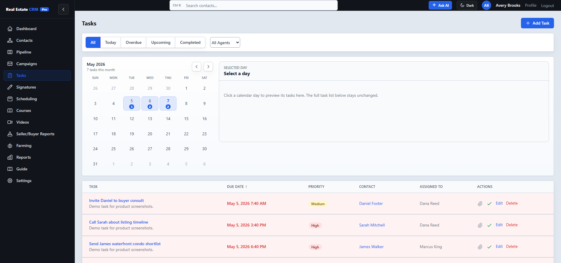 Task list grouped by due date with priority, contact link, and complete/edit controls.