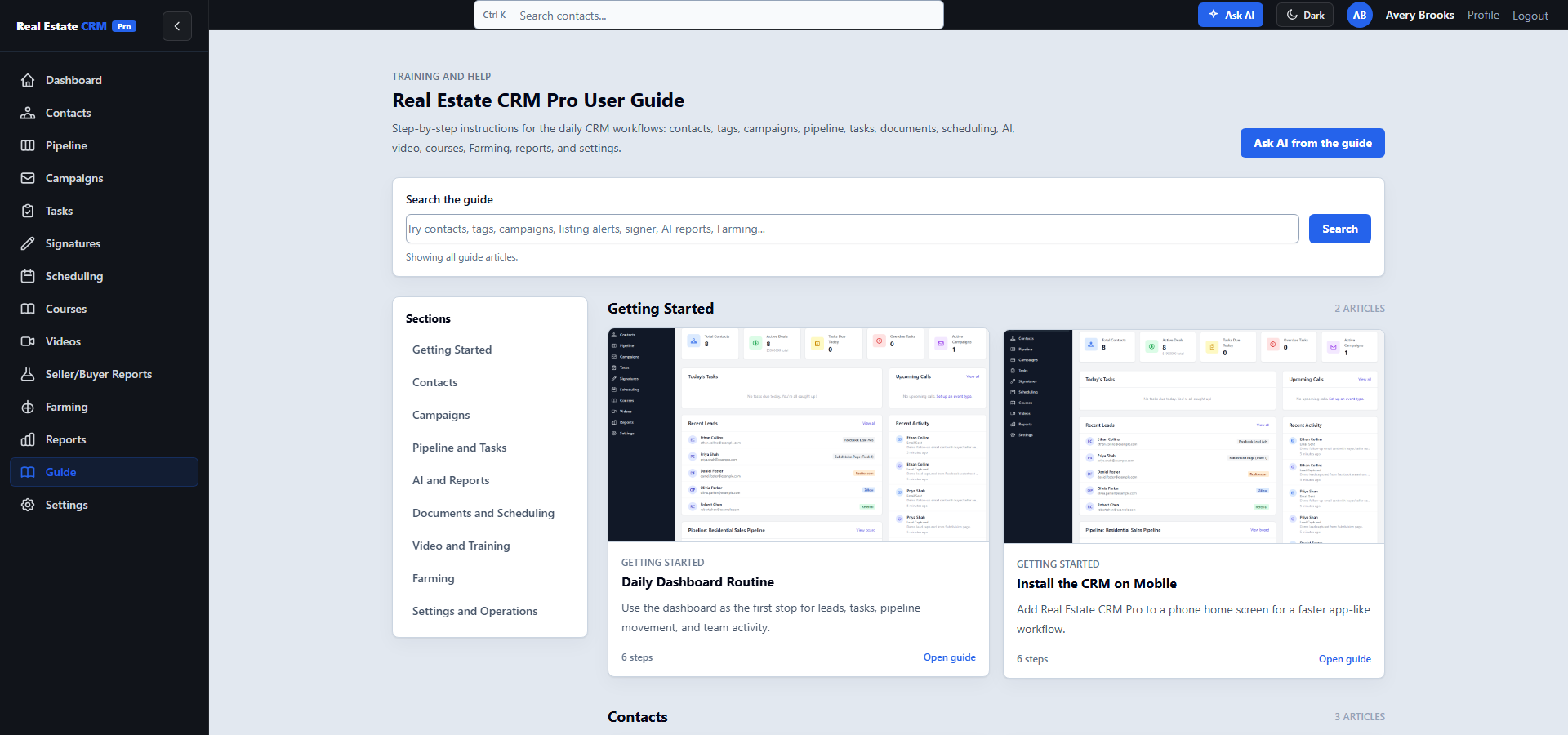In-app user guide with table of contents and rich-text articles.
