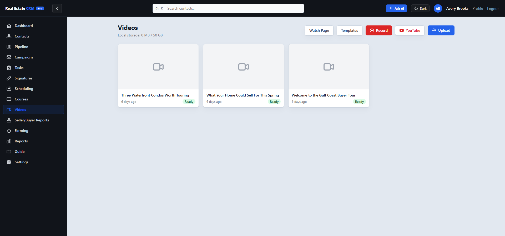 Video library with thumbnails, durations, view counts, and stage-trigger templates.